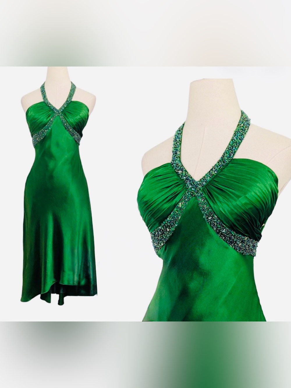 Cache Emerald Green halter elegant dress with Beaded Trim.